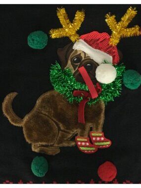 Holiday Sweater Women Size 1X 16W 18W Pug Dog Reindeer Red Green White Pom Poms